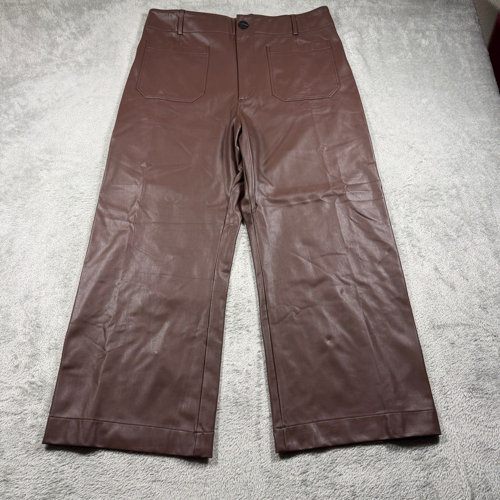 Anthropologie Maeve Colette Pants Women 34 Brown Faux Leather Wide Leg High Rise